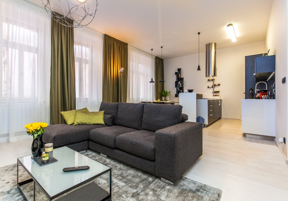 Vzorový byt - obývací pokoj s kuchyňským koutem
